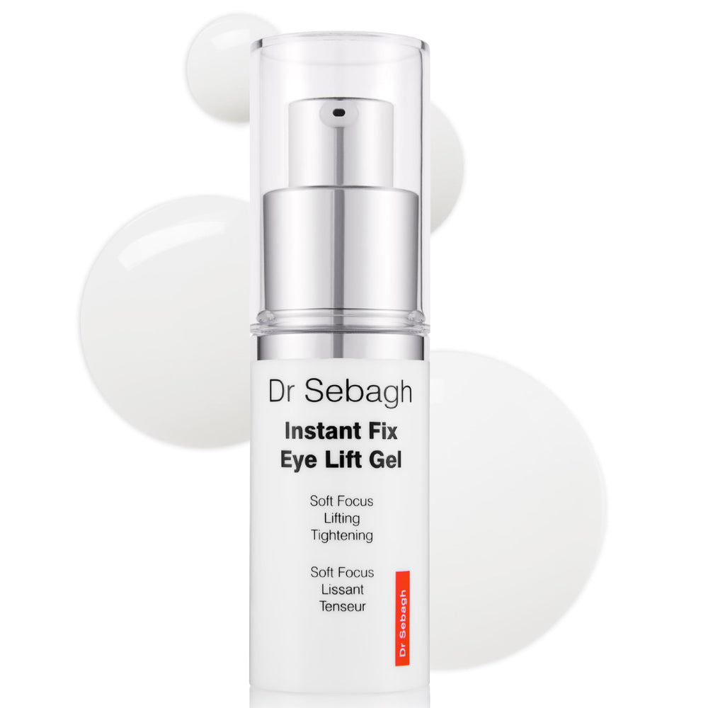 Dr Sebagh Instant Fix Eye Lift Gel tub close-up highlights smoothing of fine lines.