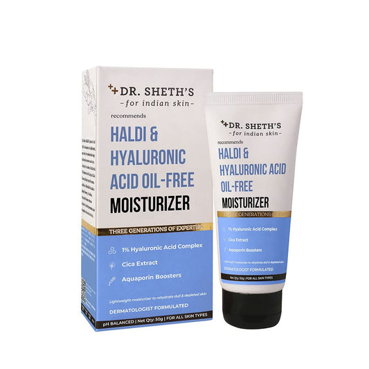 Dr. Sheth's Oil-Free Moisturizer bottle with Haldi and HA for lightweight hydration.