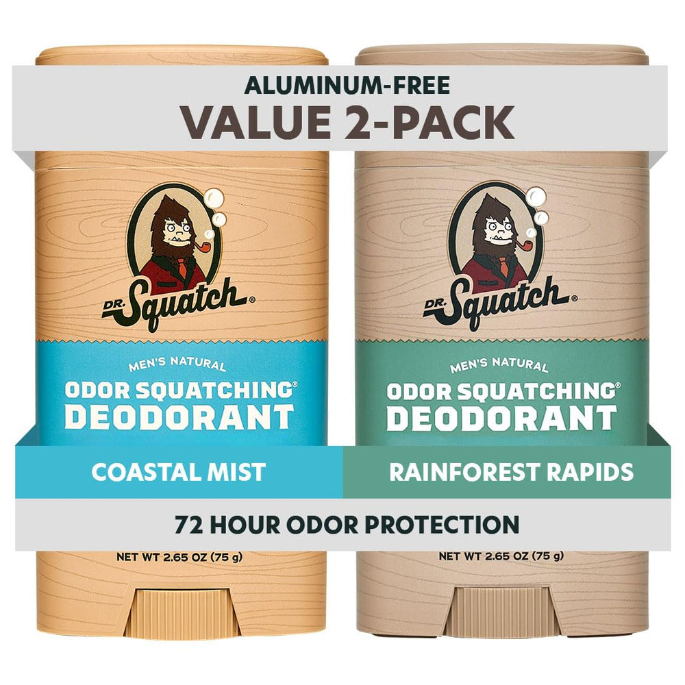 Dr. Squatch Coastal Mist deodorant bottle showing aluminum-free odor protection.