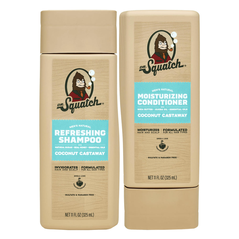 Dr. Squatch Coconut Castaway shampoo bottle shows natural formula for silky, soothed hair