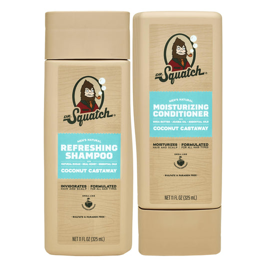 Dr. Squatch Coconut Castaway shampoo bottle shows natural formula for silky, soothed hair