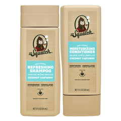 Dr. Squatch Coconut Castaway shampoo bottle shows natural formula for silky, soothed hair
