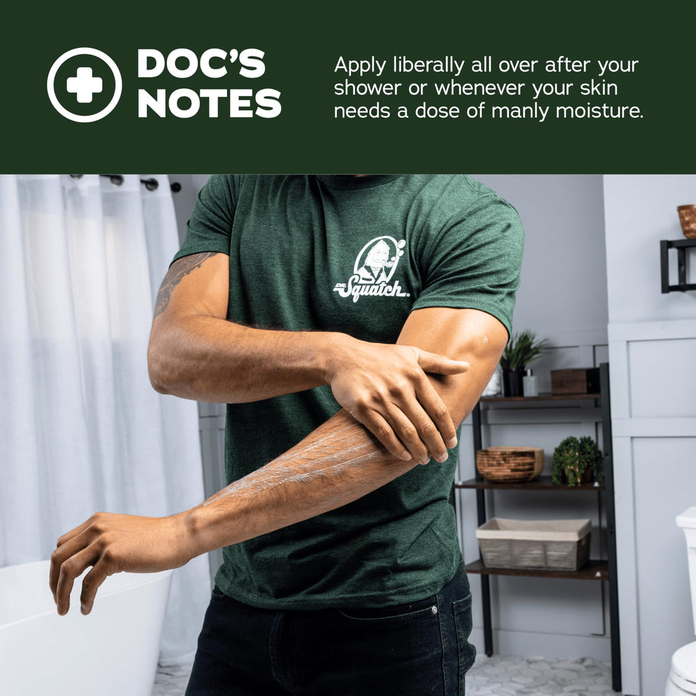 Applying Dr. Squatch lotion on forearm demonstrates fast rub-in