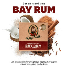 Dr. Squatch Bay Rum bar soap close-up showing creamy lather from coconut oil