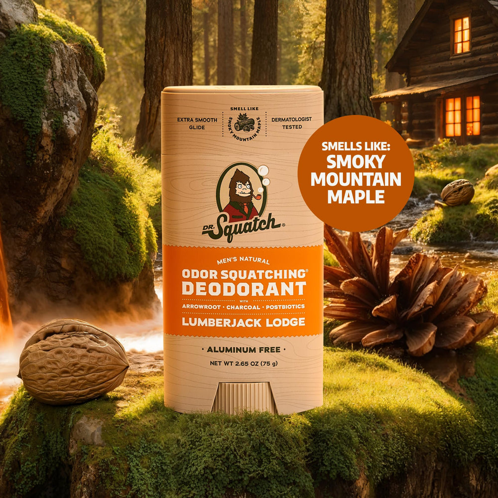Dr. Squatch Odor-Squatching formula with arrowroot, charcoal, and postbiotics.