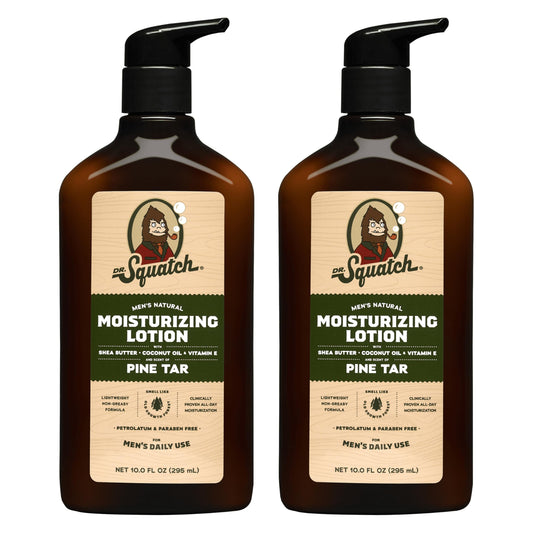 Dr. Squatch Pine Tar lotion bottle shows rugged branding for daily moisturization
