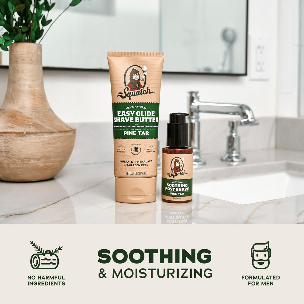 Dr. Squatch Pine Tar Shaving Bundle box on display in bathroom setting