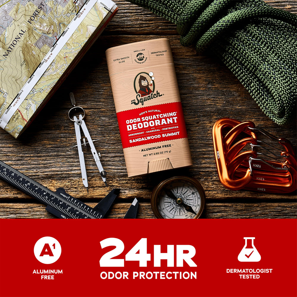 Dr. Squatch Sandalwood Summit 3-pack display emphasizes odor protection and value.