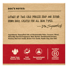Dr. Squatch Sandalwood Summit bar close-up foam highlights rich lather and scent