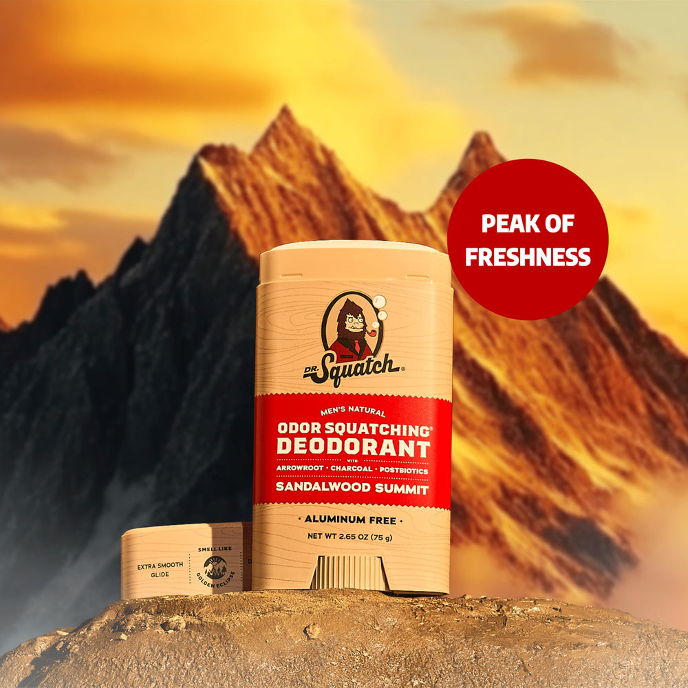 Dr. Squatch Sandalwood Summit deodorant stick packaging highlights natural ingredients.