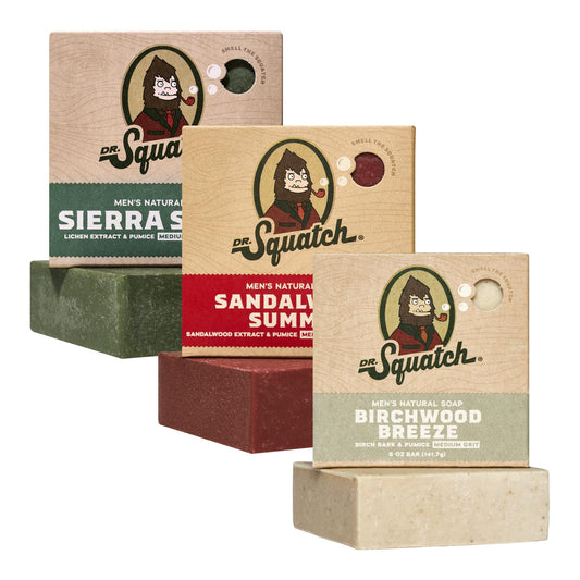 Dr. Squatch Sierra Storm bar soap close-up shows rugged texture for daily cleansing.