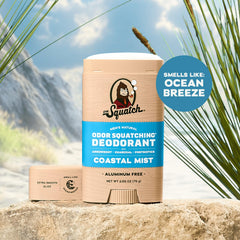 Dr. Squatch Sierra Storm deodorant stick close-up highlighting charcoal and postbiotics.
