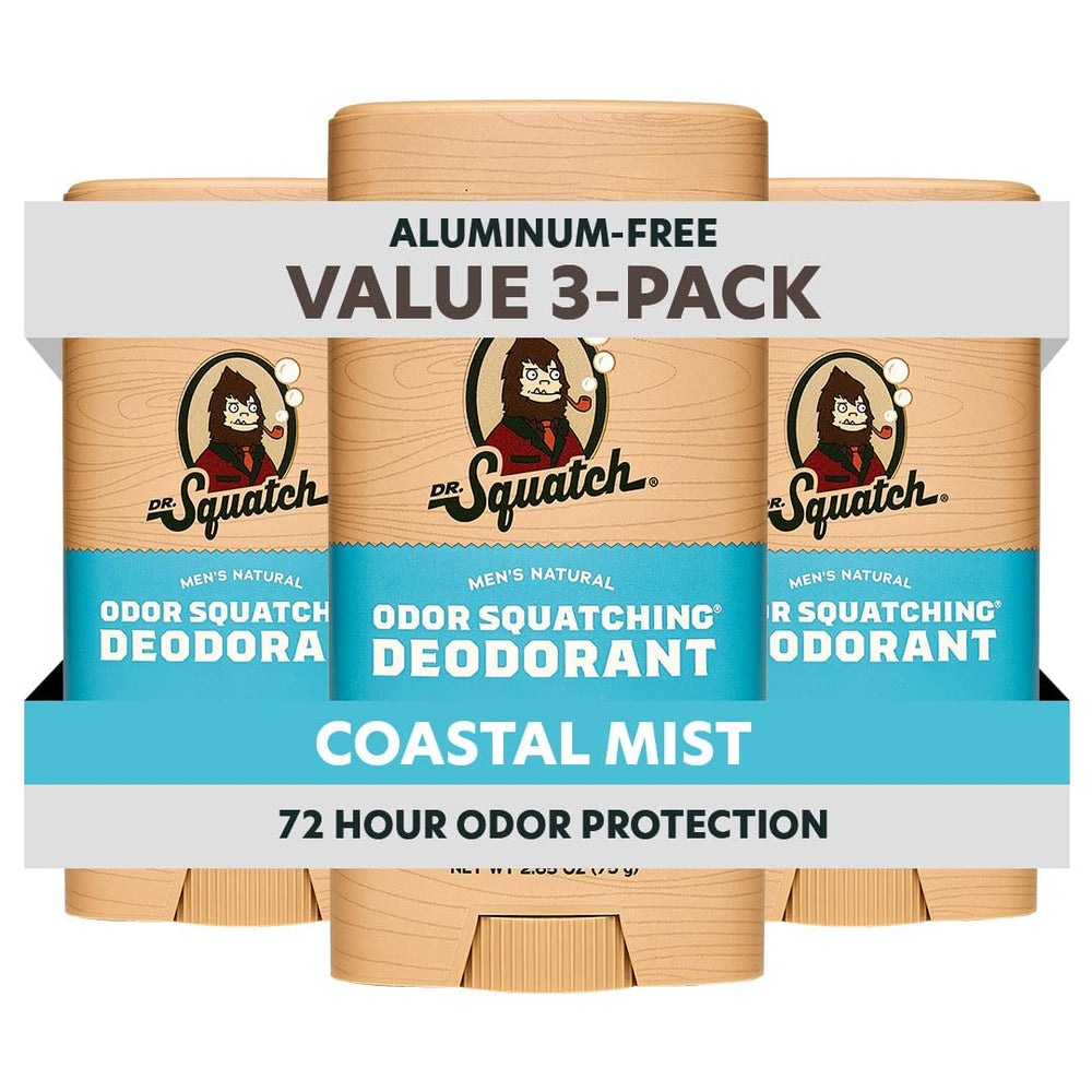 Dr. Squatch Sierra Storm 2-pack display showing aluminum-free natural deodorant in Coastal Mist.