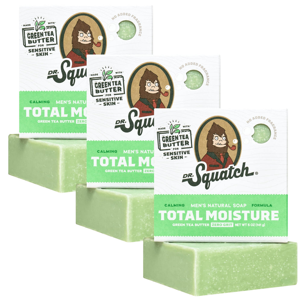 Dr. Squatch Total Moisture Green Tea Butter 3-pack packaging highlights its unscented, sensitive-skin formula.
