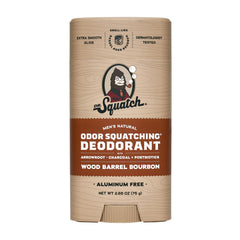 Dr. Squatch Wood Barrel Bourbon deodorant stick showing packaging and texture for all-day refreshing.