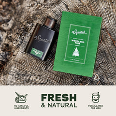 Dr. Squatch Woodland Pine Cologne cedarwood closeup emphasizes natural ingredients.