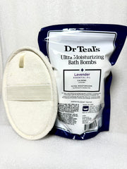 Lavender bath bombs dissolving in a tub, creating a calming spa-like soak.
