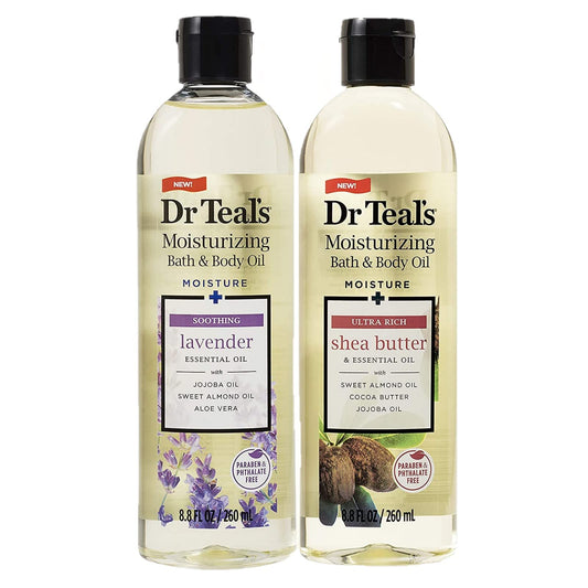 Dr Teal's soothing lavender bath oil bottle promotes relaxation and calm evenings