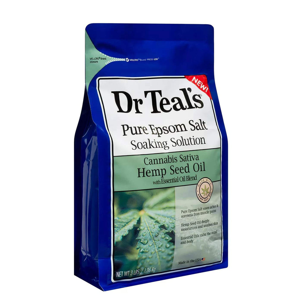 Dr Teal's bath soak being poured into tub for relaxing, soothing relief.