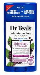 Dr Teal's elderberry deodorant bottle shows the aluminum-free formula for daily use.
