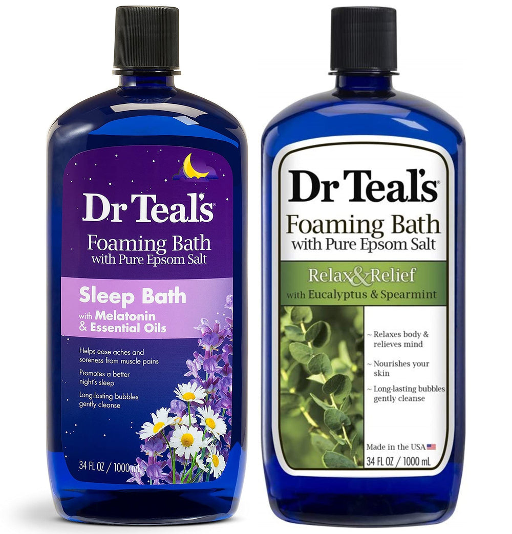 Dr Teal's Foaming Bath Eucalyptus & Spearmint bottle for refreshing soak and muscle relief.