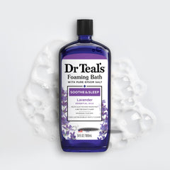 Hand pouring Dr Teal's lavender epsom salt into a warm tub