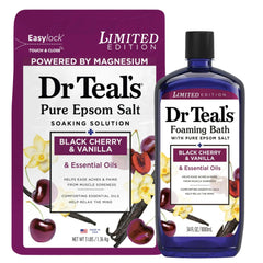 Dr Teal's limited edition bath set box highlights Black Cherry & Vanilla for a premium relaxation ritual.