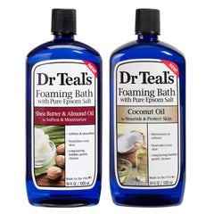 Dr Teal's Shea Butter & Almond Oil foaming bath bottle pour for moisturized skin.