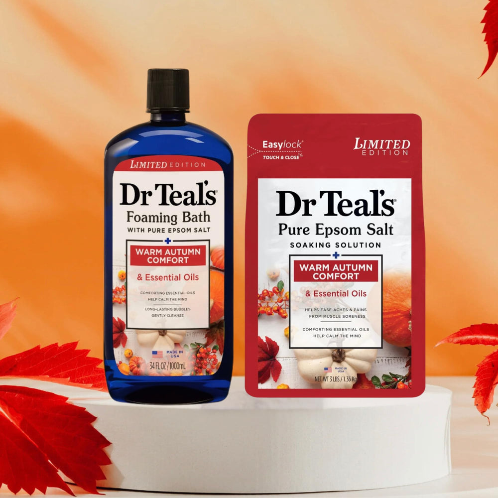 Dr Teal's Warm Autumn Comfort Epsom salt bag ready to dissolve in a warm bath for relaxation