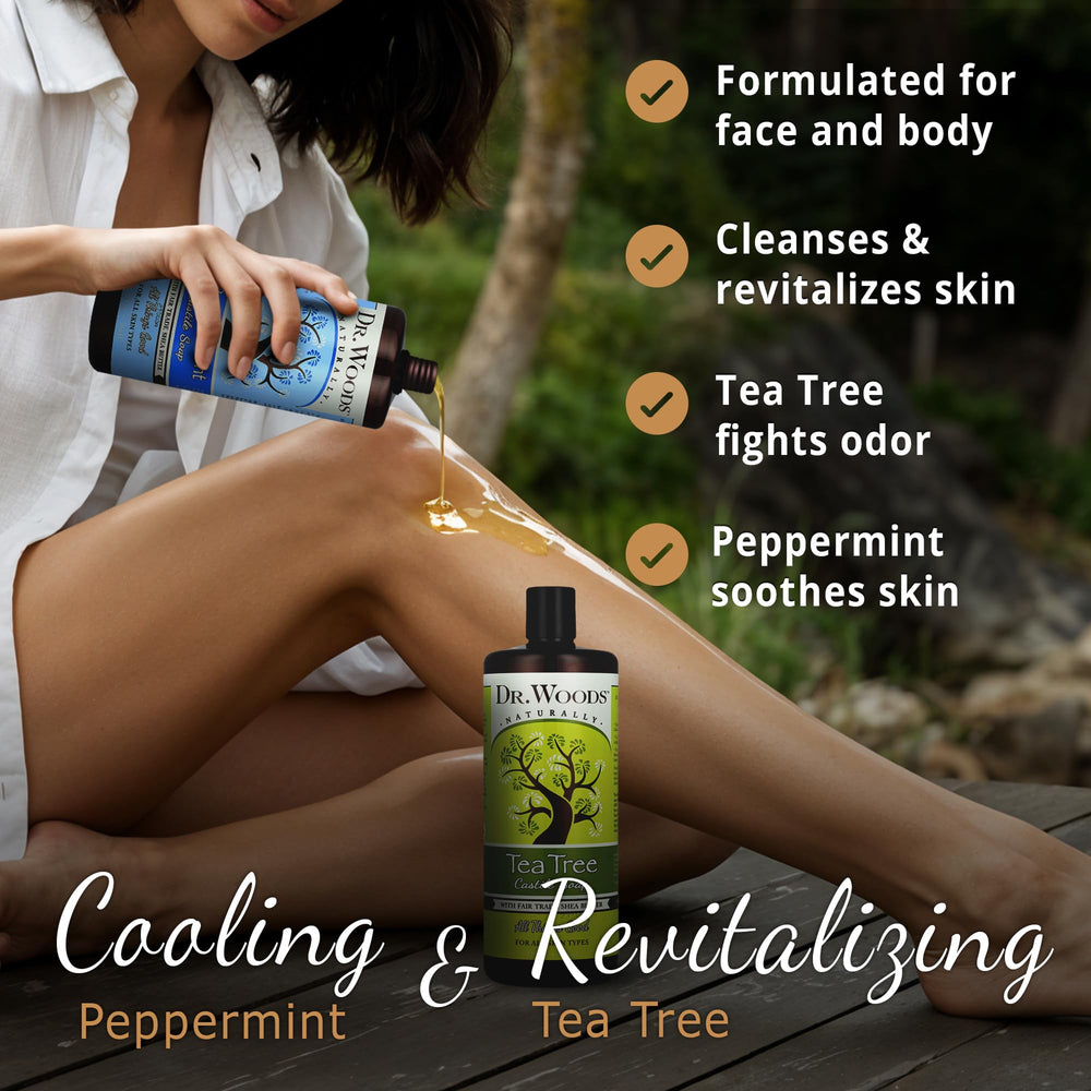 Dr. Woods liquid castile soap lather showing rich foam for gentle skin cleansing.
