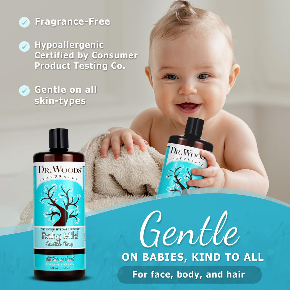 Dr. Woods Unscented Baby Mild Castile Soap lather - gentle face, body, and hair cleansing.