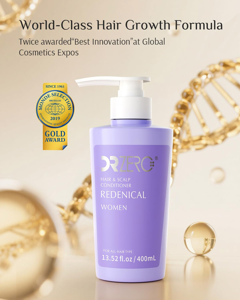 DR ZERO Redenical bottle back label highlights Redensyl and gentle, woman-friendly formula.