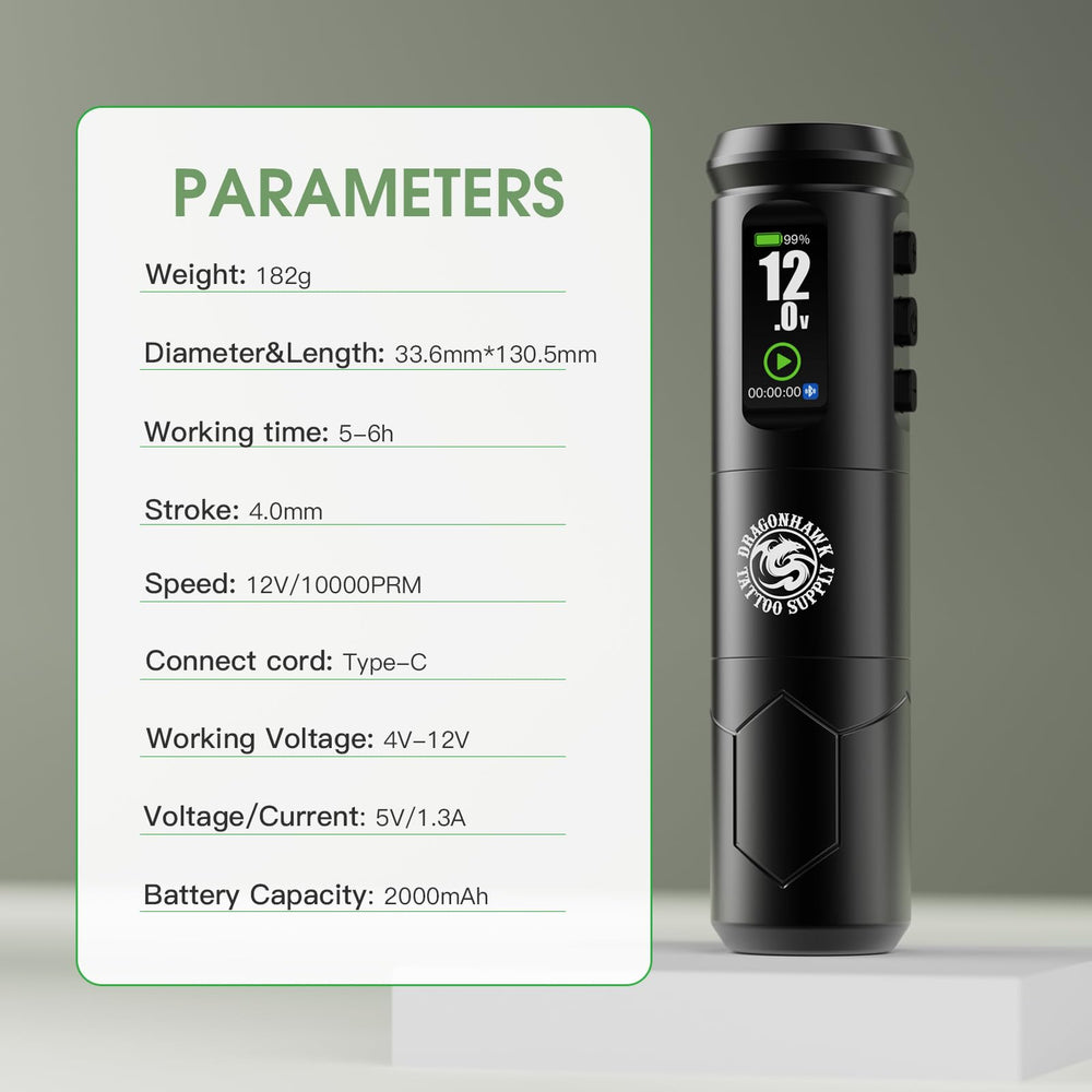 Dragonhawk A1 Pro kit includes 20 cartridge needles for versatile shading and lining.