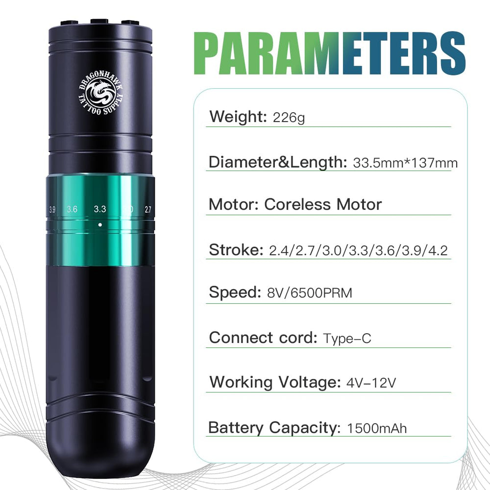 Dragonhawk A2 wireless tattoo pen side view demonstrates balanced weight for comfortable shading.