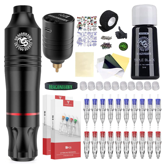 Dragonhawk Atom wireless tattoo pen kit front view for precise lining and shading.