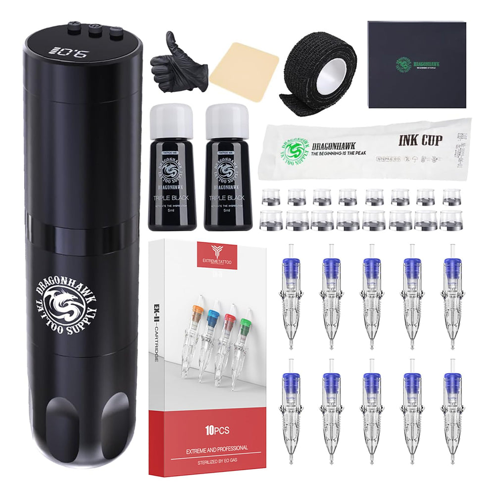 Dragonhawk X3 wireless tattoo kit front view showing portable setup for beginners