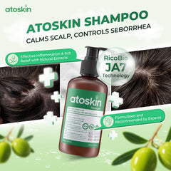 Dr. Atoskin Shampoo on bathroom shelf for daily scalp care.