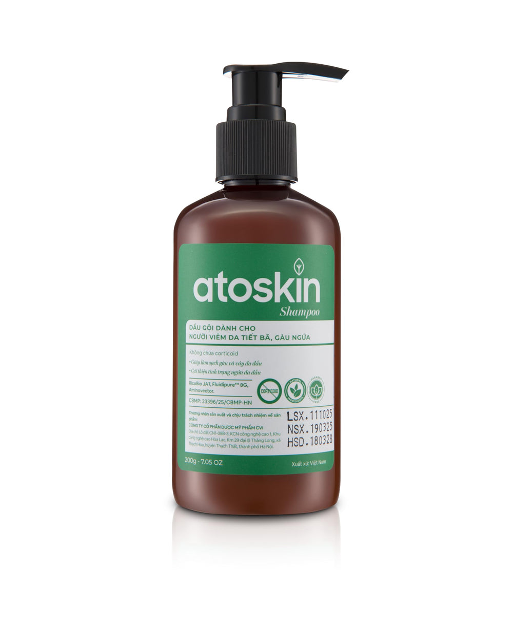 Dr. Atoskin Shampoo bottle close-up showing oil balance and scalp relief.