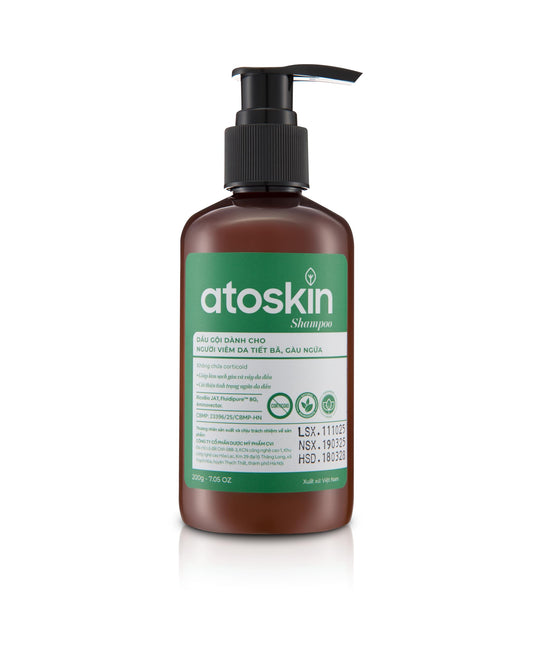 Dr. Atoskin Shampoo bottle close-up showing oil balance and scalp relief.