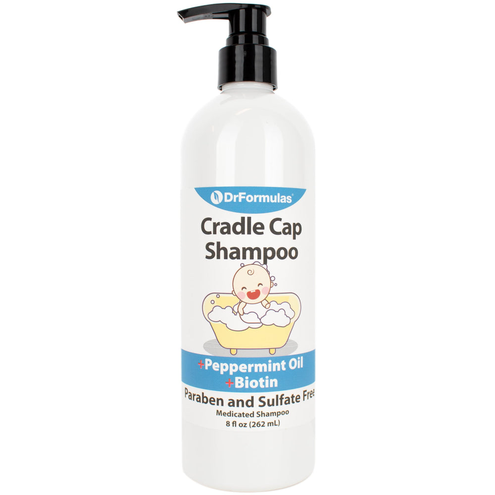 DrFormulas cradle cap conditioner bottle for moisturizing infant hair.