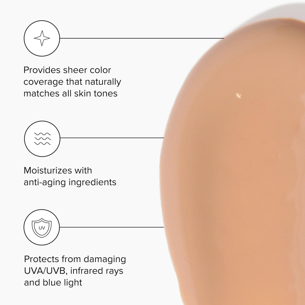 DRMTLGY swatch on skin demonstrates sheer coverage and blendability
