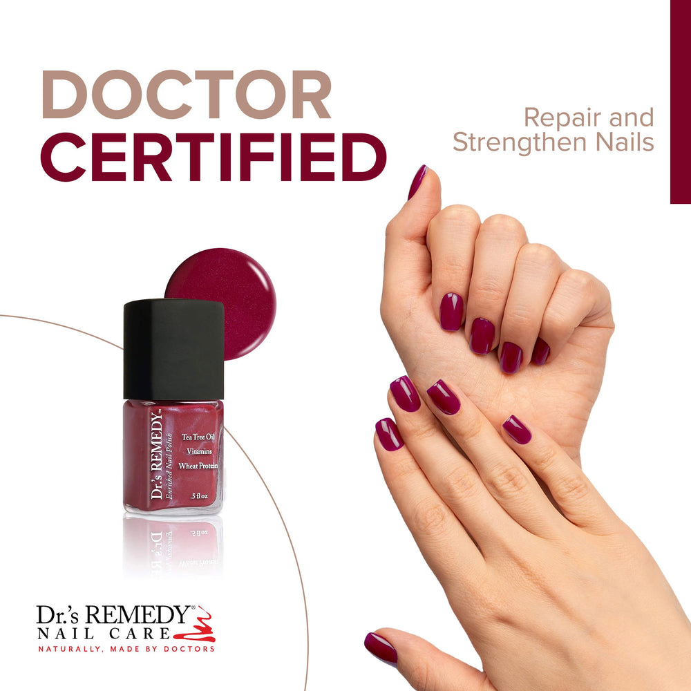 Dr.'s Remedy brush applying Cheerful Cherry polish demonstrates quick-dry, long-wear performance.