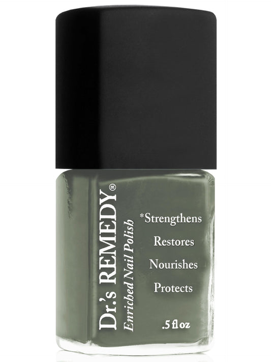 Dr.'s Remedy Optimistic Olive nail polish bottle with long wear.