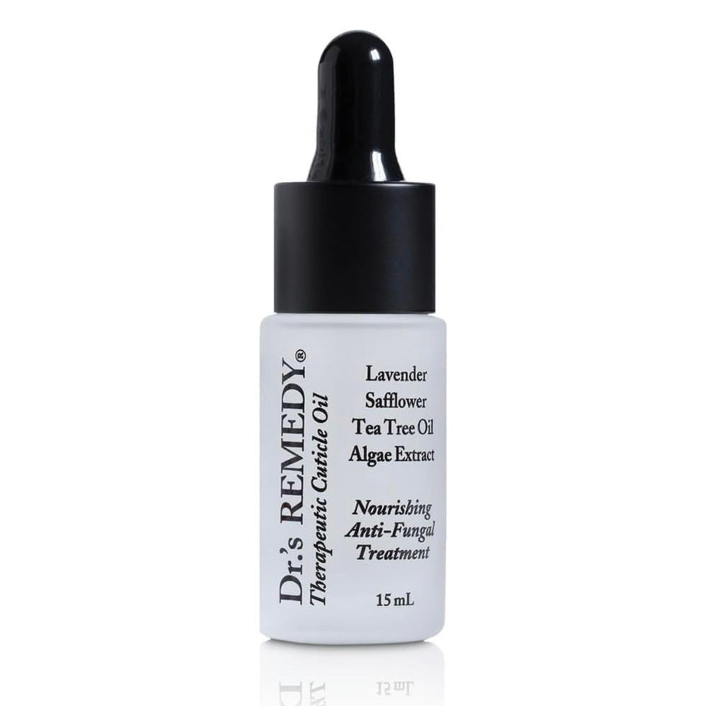 Dr.'s Remedy Therapeutic Caress Cuticle Oil bottle closeup showing hydrating care for nails