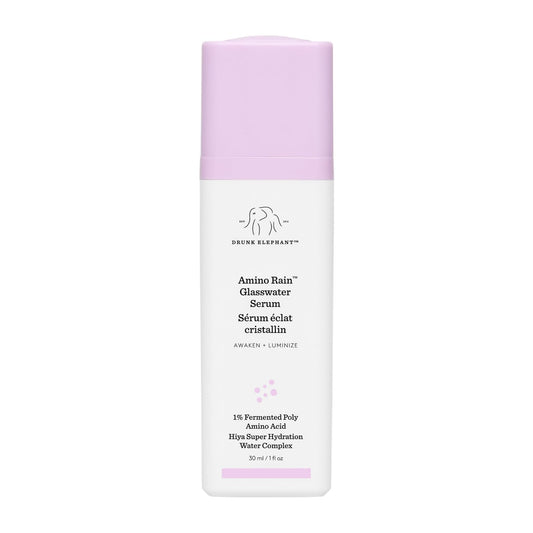 Drunk Elephant Amino Rain Glasswater Serum bottle highlighting radiant hydration