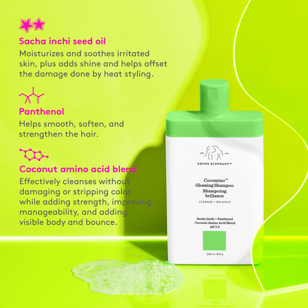 Drunk Elephant Cocomino shampoo application scene with hands massaging wet hair.