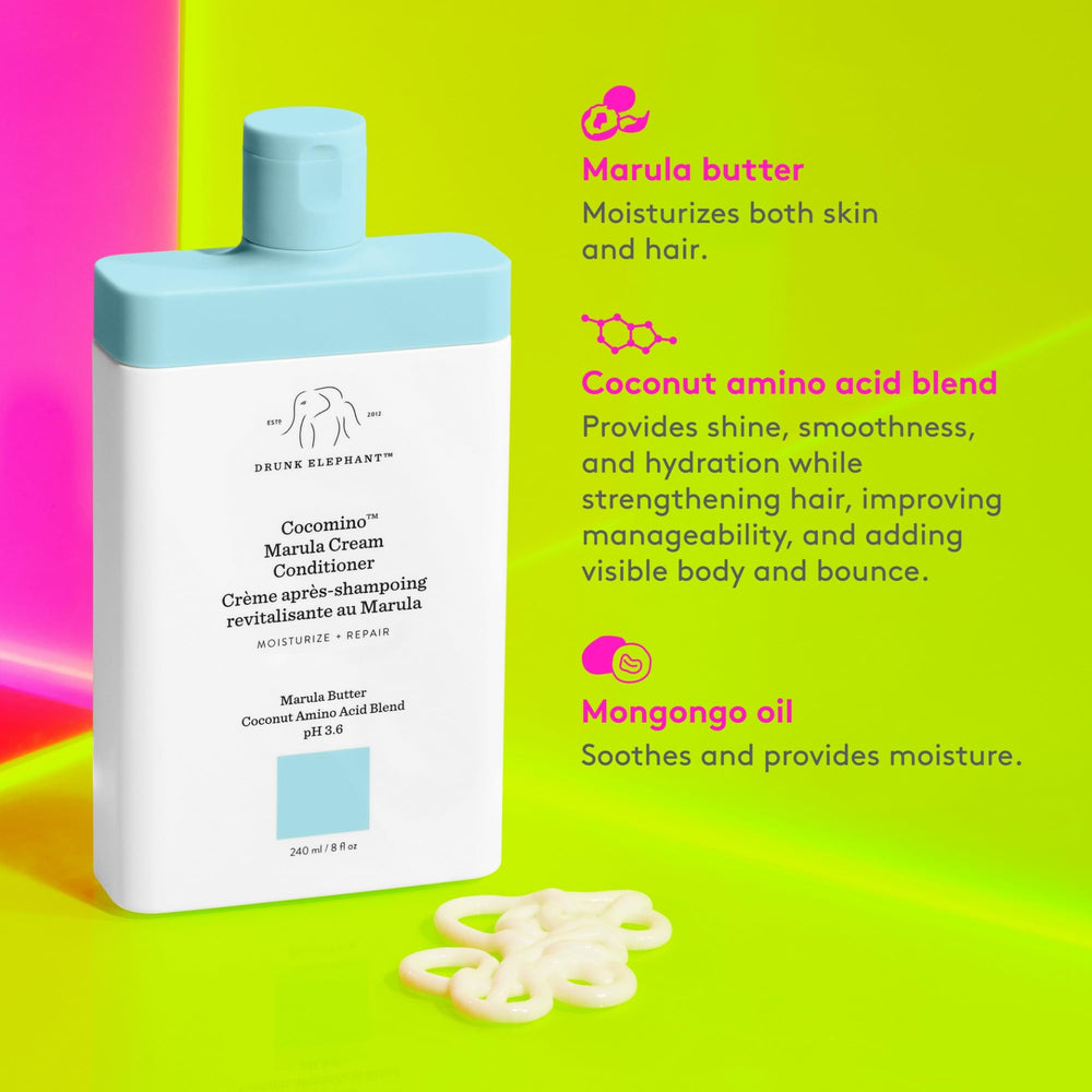 Packaging of Drunk Elephant Cocomino Marula Cream Conditioner emphasizes clean, practical design.