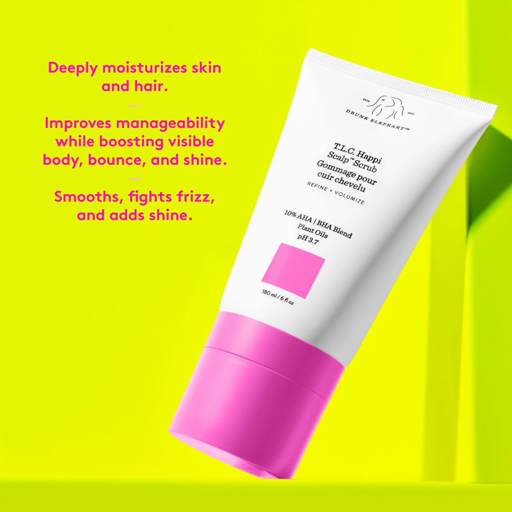 Drunk Elephant Happi Scalp Scrub pre-shower application on dry scalp helps exfoliate.