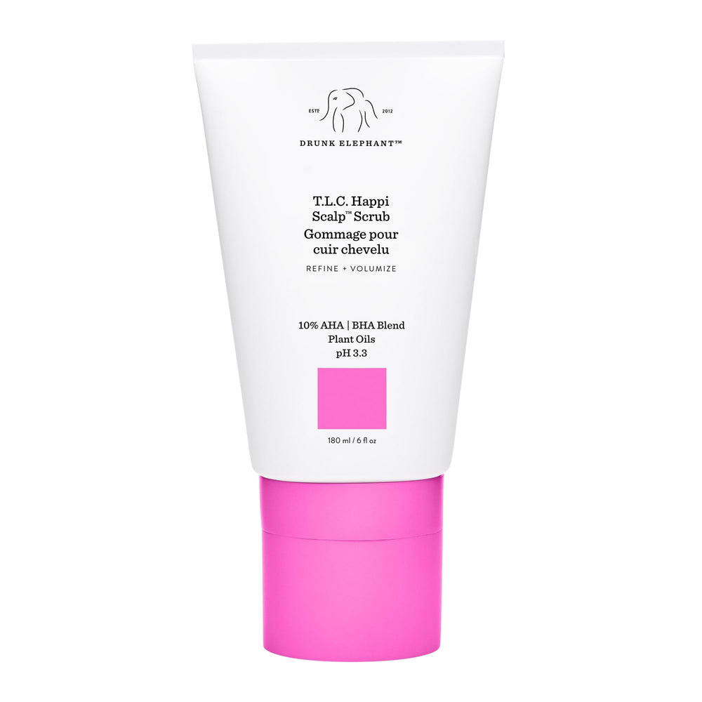 Drunk Elephant Happi Scalp Scrub bottle showing exfoliation beads and clinical formula.