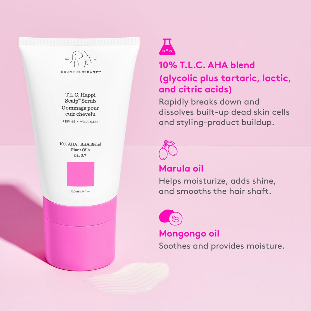 Drunk Elephant Happi Scalp Scrub scalp-massage scene demonstrates soothing exfoliation.